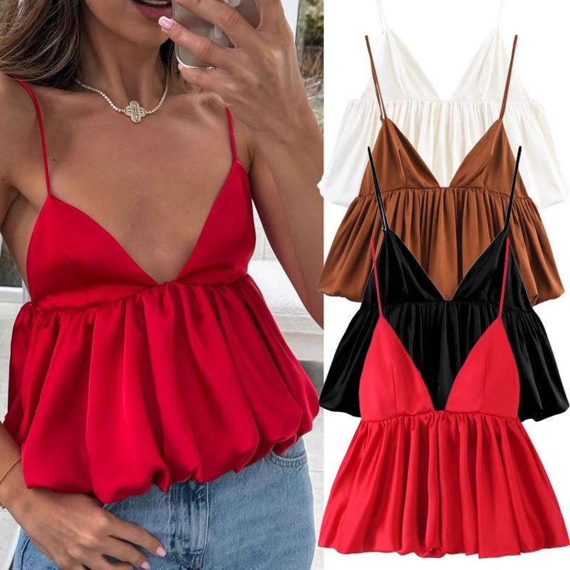 Débardeur dos nu en Satin pour femmes, haut court bouffant, Sexy, Streetwear d'été, fête en Club, Y2K, couleur unie, sans manches, haut court