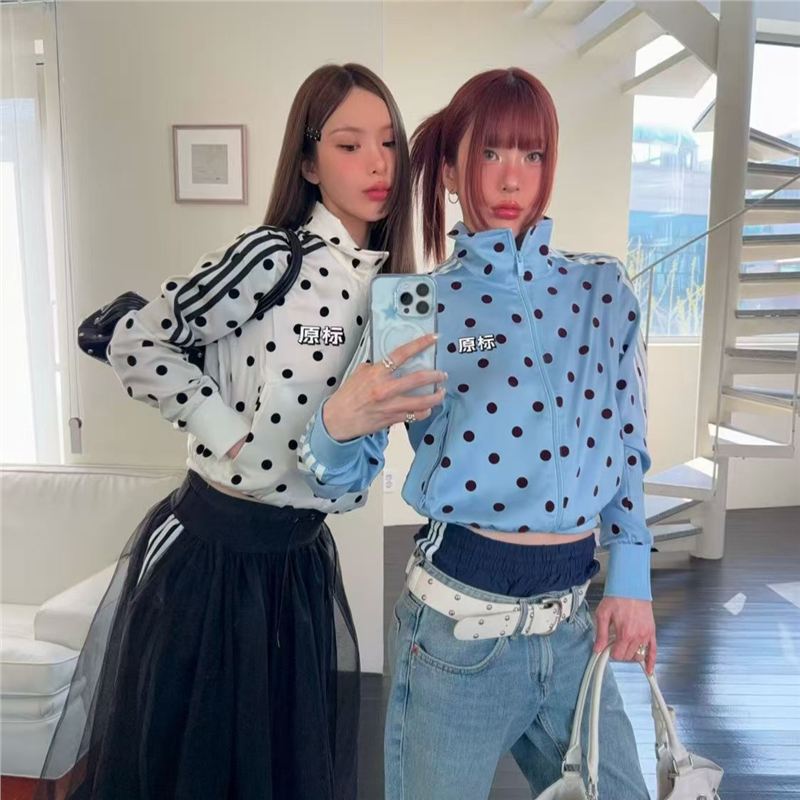 Ensemble de survêtement à pois pour femmes, col montant rayé, veste zippée, pantalon à jambes larges, tenue décontractée deux pièces