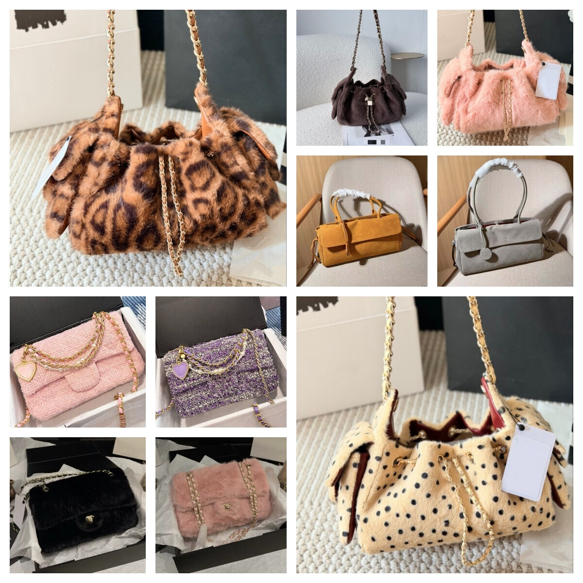 10A Luxury Designer Bag Women Plush Hobo Bag Leopard Print Fuzzy Tote Purse Soft Chain Crossbody Handbag Casual Daily Shoulder Bag