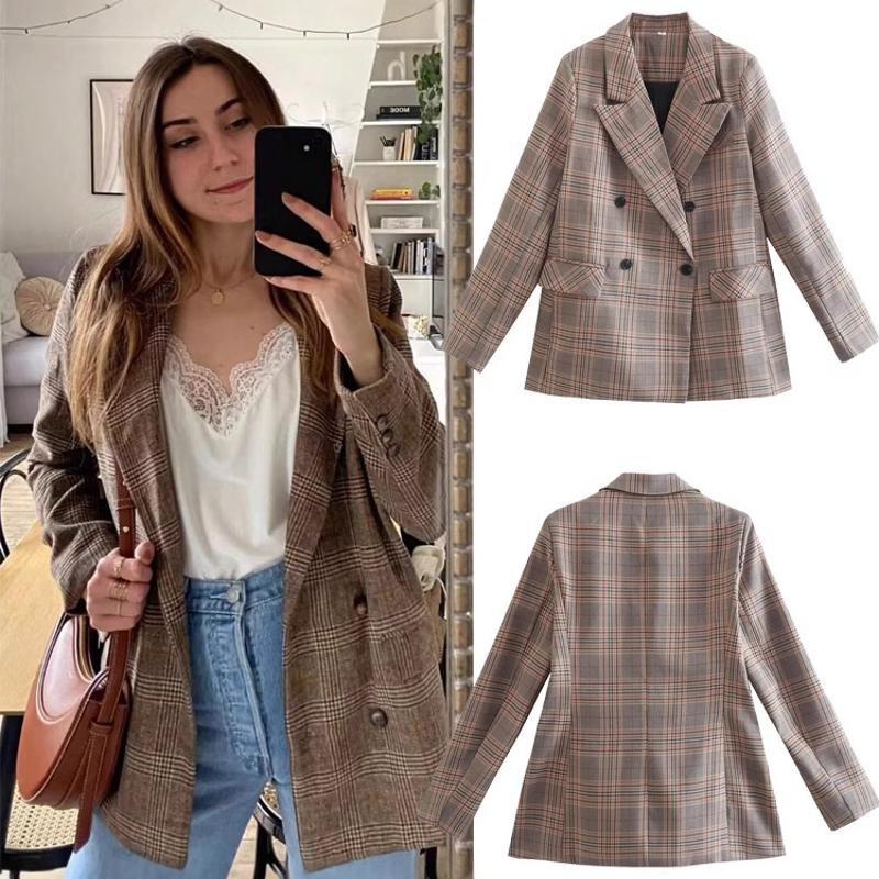 Blazer Double boutonnage imprimé à carreaux pour femmes, col de costume, manches longues, veste Streetwear, printemps automne, vêtements d'extéri