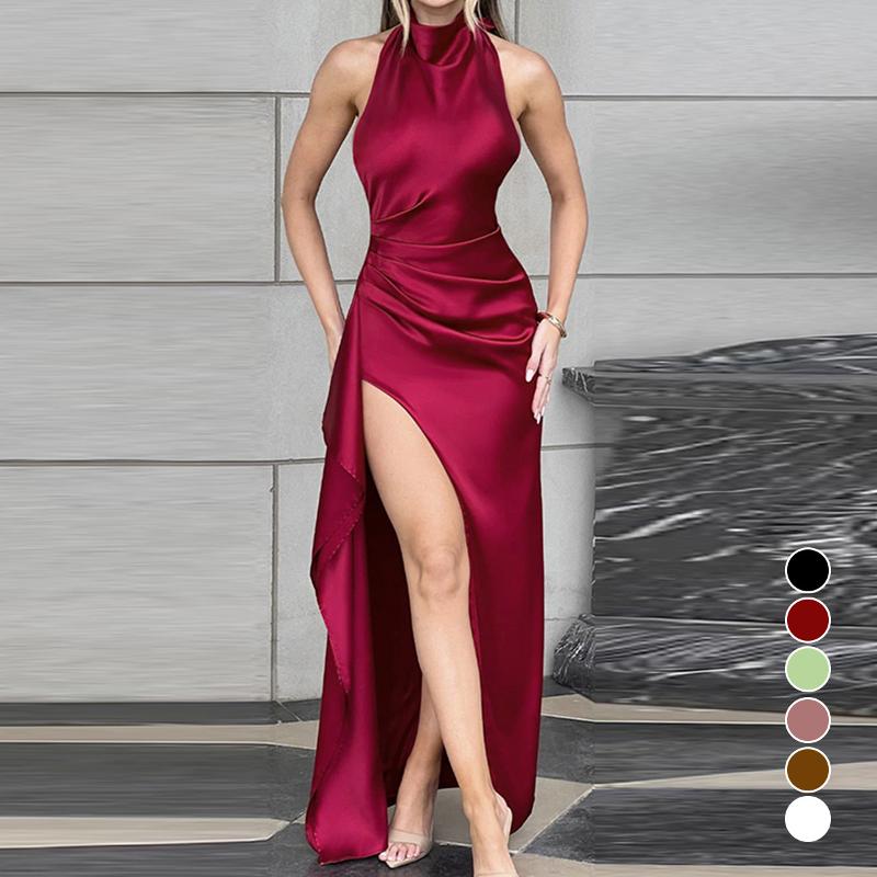 Robe longue de styliste pour femmes, dos nu, à lacets, fendue, moulante, col ras du cou, sans manches, couleur unie, tenue de soirée, club, autom