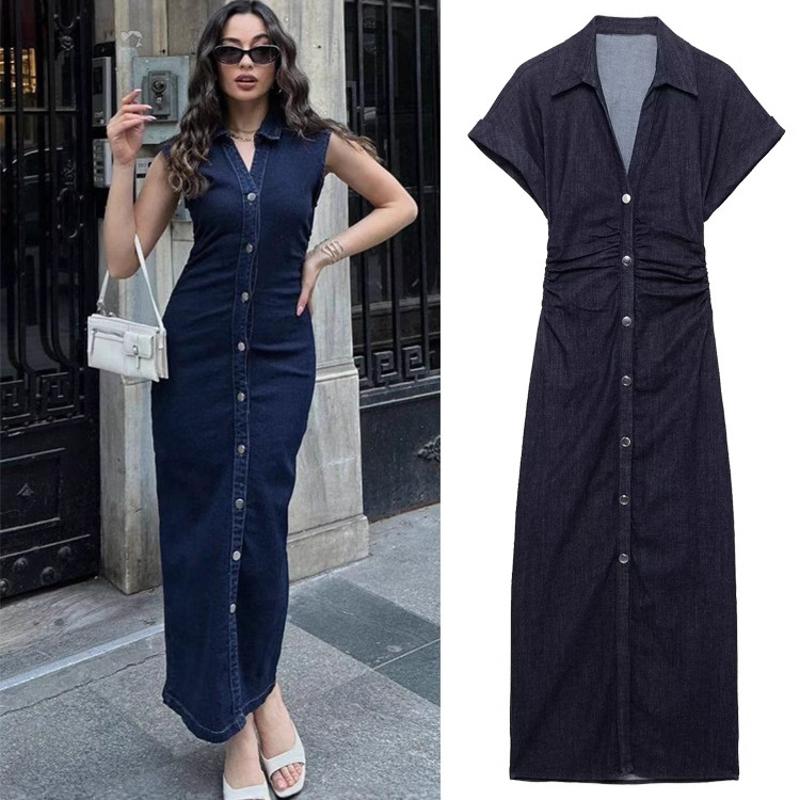 Robe mi-longue en Denim bleu pour femmes, Sexy, col en V, manches courtes, taille haute, boutons, Streetwear, tenue décontractée, printemps