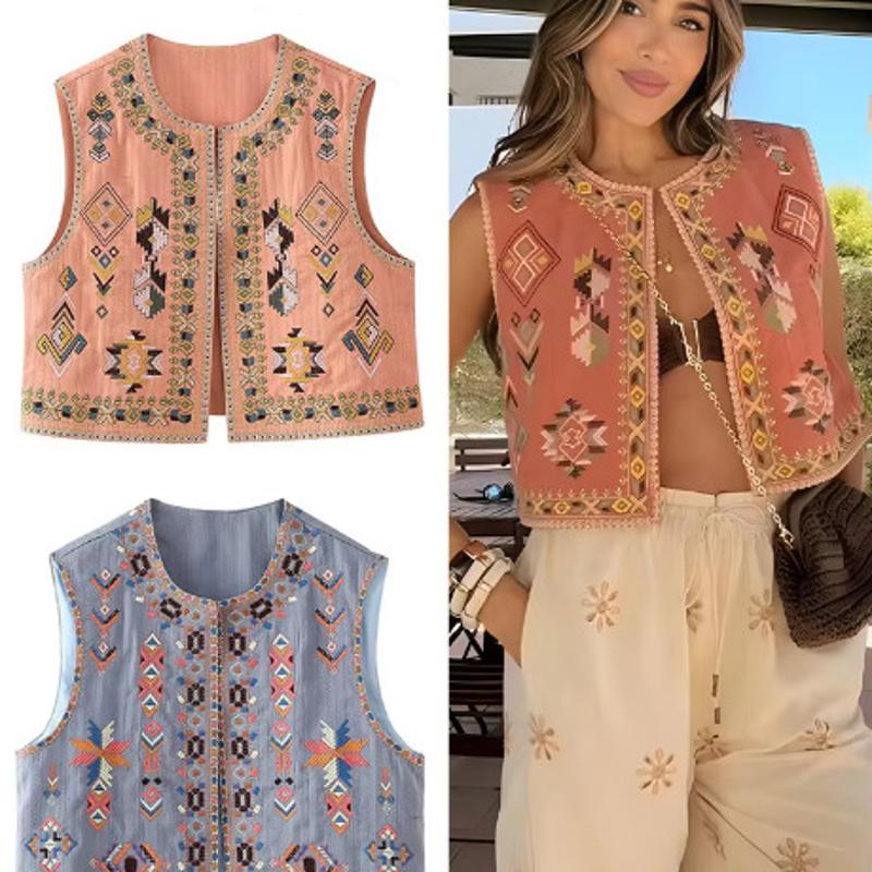 Gilet brodé sans manches pour femmes, Cardigan Floral ouvert sur le devant, débardeur d'automne