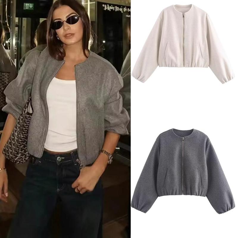 Women's Wool Blend Short Jacket Zip-Up Round Neck Loose Streetwear Solid Color Pockets Designer Casual Coat