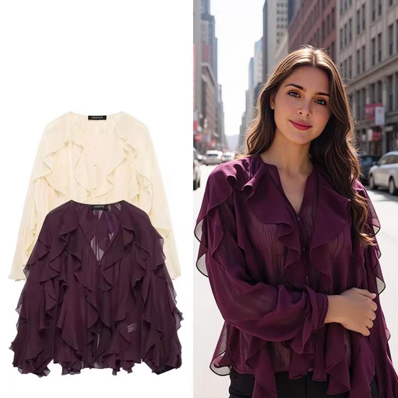 Women's V Neck Ruffle Layered Blouse Long Sleeve Single Breasted Loose Solid Color Elegant Shirt Spring Casual Top