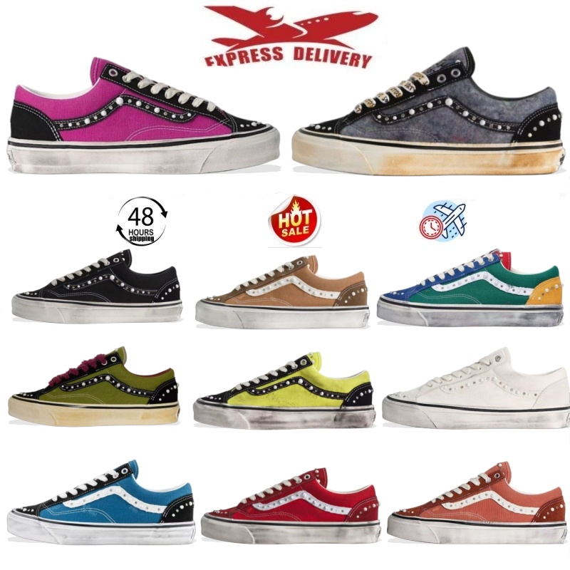 Vans Designer Shoes Studded Distressed Low Top Skate Shoes Men Women Canvas Vintage Side Stripe Rivet Decor Street Sneakers Multi-color Size 36-45