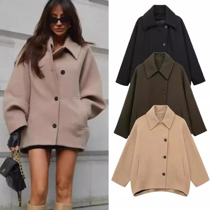 Manteau en laine Vintage pour femmes, veste ample à revers, Streetwear, couleur unie, vêtements d'extérieur, automne hiver