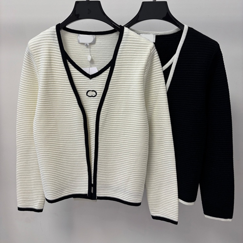 Knitted Basic Cardigan Women Fake Two Pieces Piping Ribbed Loose Chic Cardigans Autumn V Neck Casual Versatile Short Knits