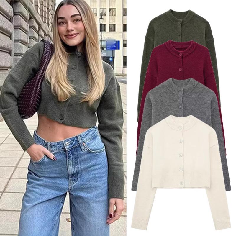 Cardigan en tricot solide pour femmes, veste pull court, simple boutonnage, col rond, manches longues, coupe ample, Streetwear