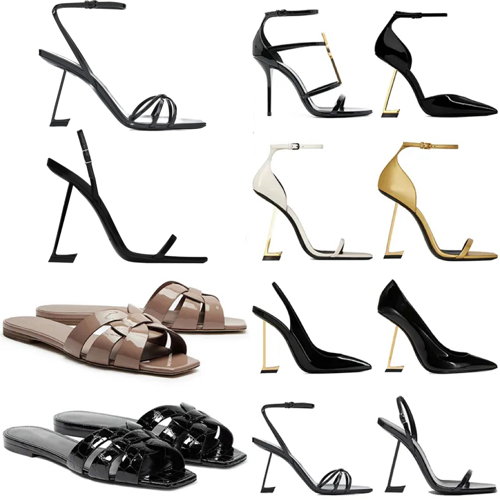 with box designer womens luxury dress high heels stylish slippers patent leather sandal heel black gold commuting formal shoes casual beach sandals