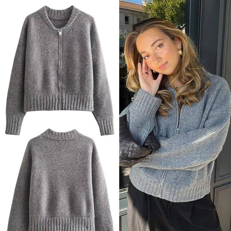 Veste bombardier en tricot décontractée pour femmes, fermeture éclair, gris uni, coupe ample, manches longues, Streetwear, vêtements d'extérieur,