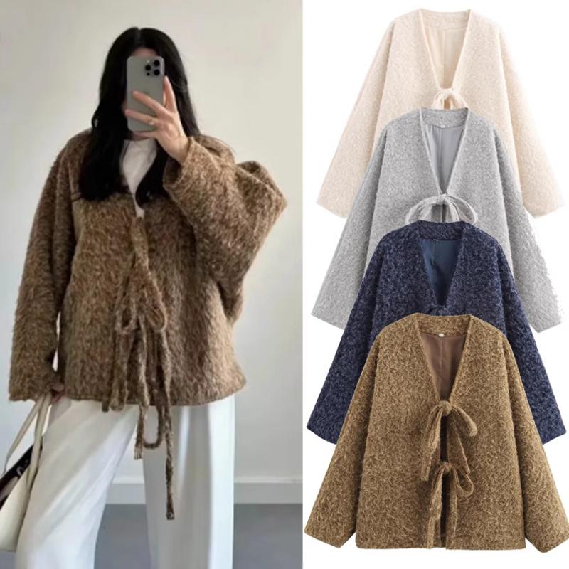 Cardigan à manches longues et col en v pour femme, manteau de styliste, couleur unie, mi-long, vêtements d'extérieur de banlieue, hiver