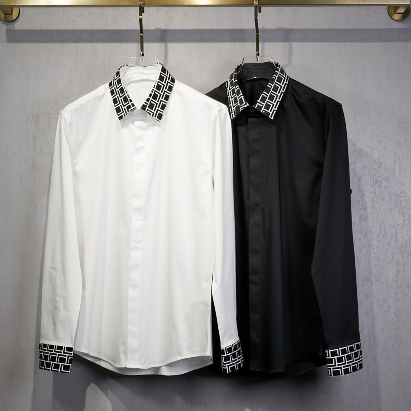 Designer brand clothing, high-quality men's black contrasting striped collar shirt, geometric printed collar and cuffs shirt, business casual l