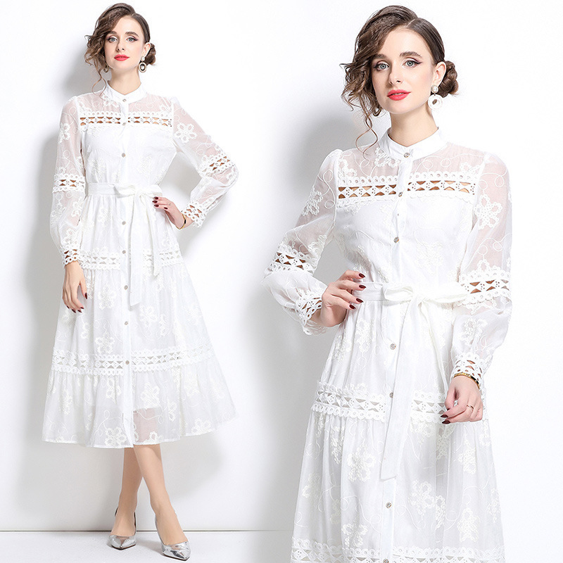 Style femmes robe grande taille 2XL évider dentelle Patchwork couleur unie col rond longue robe perles ceinture boutons robes 240808