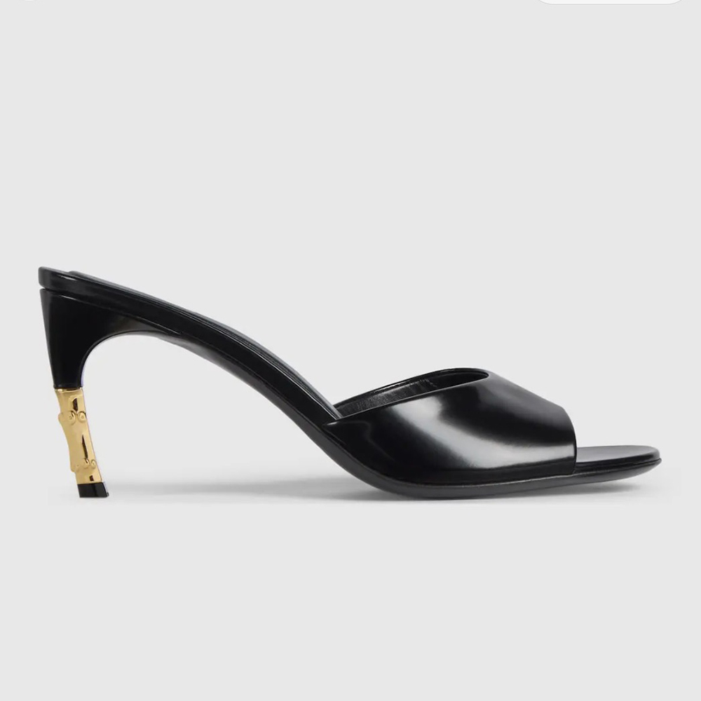 New Arrival Luxury Designer Black Leather Open Toe Mules Women's Gold Bamboo Heel Slide Sandals Elegant Dress High Heels for Wedding Party & Co