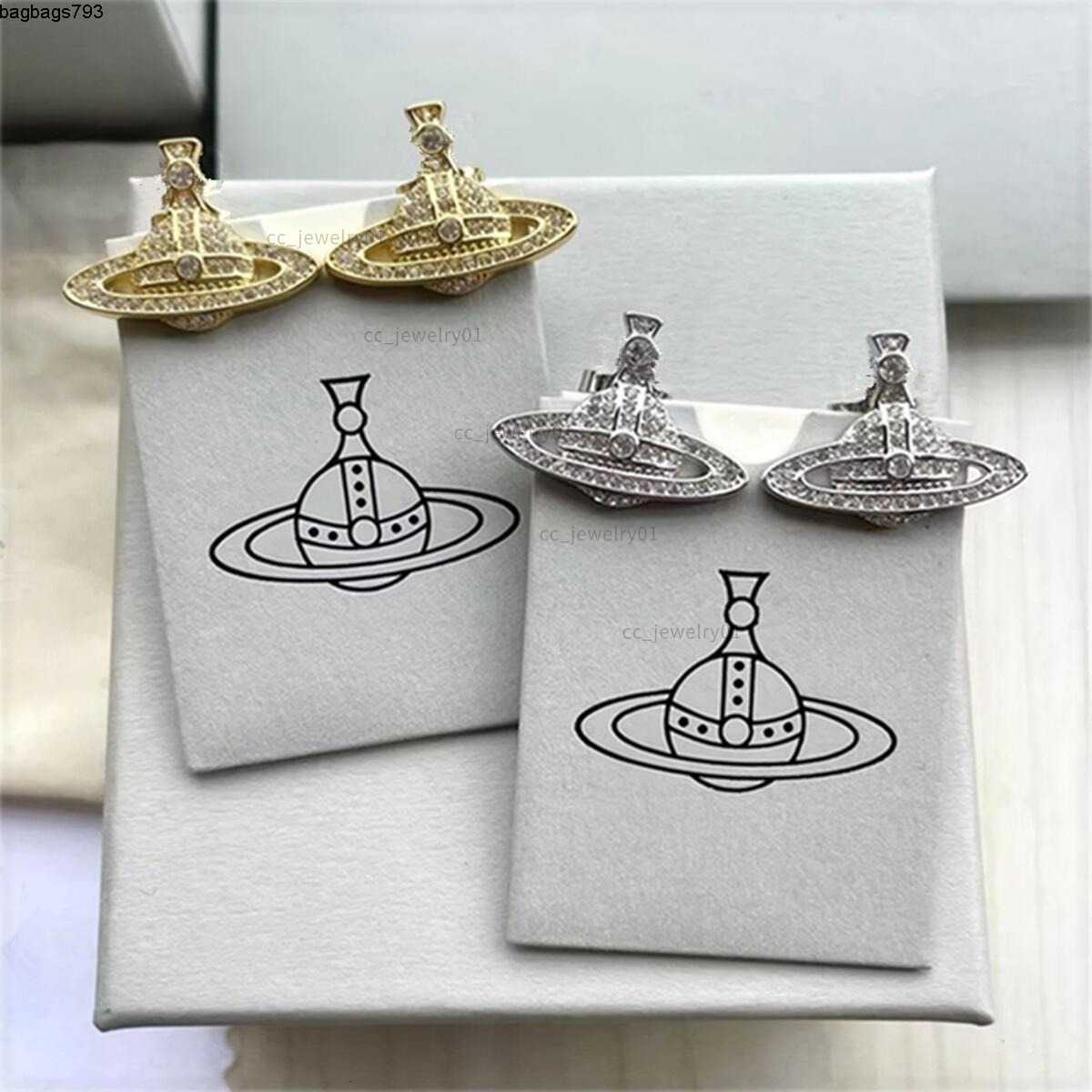 Stud Charm Earrings Designer High quality High Version Queen Dowager Full Diamond Flat Saturn Earrings Classic Light Luxury Earrings