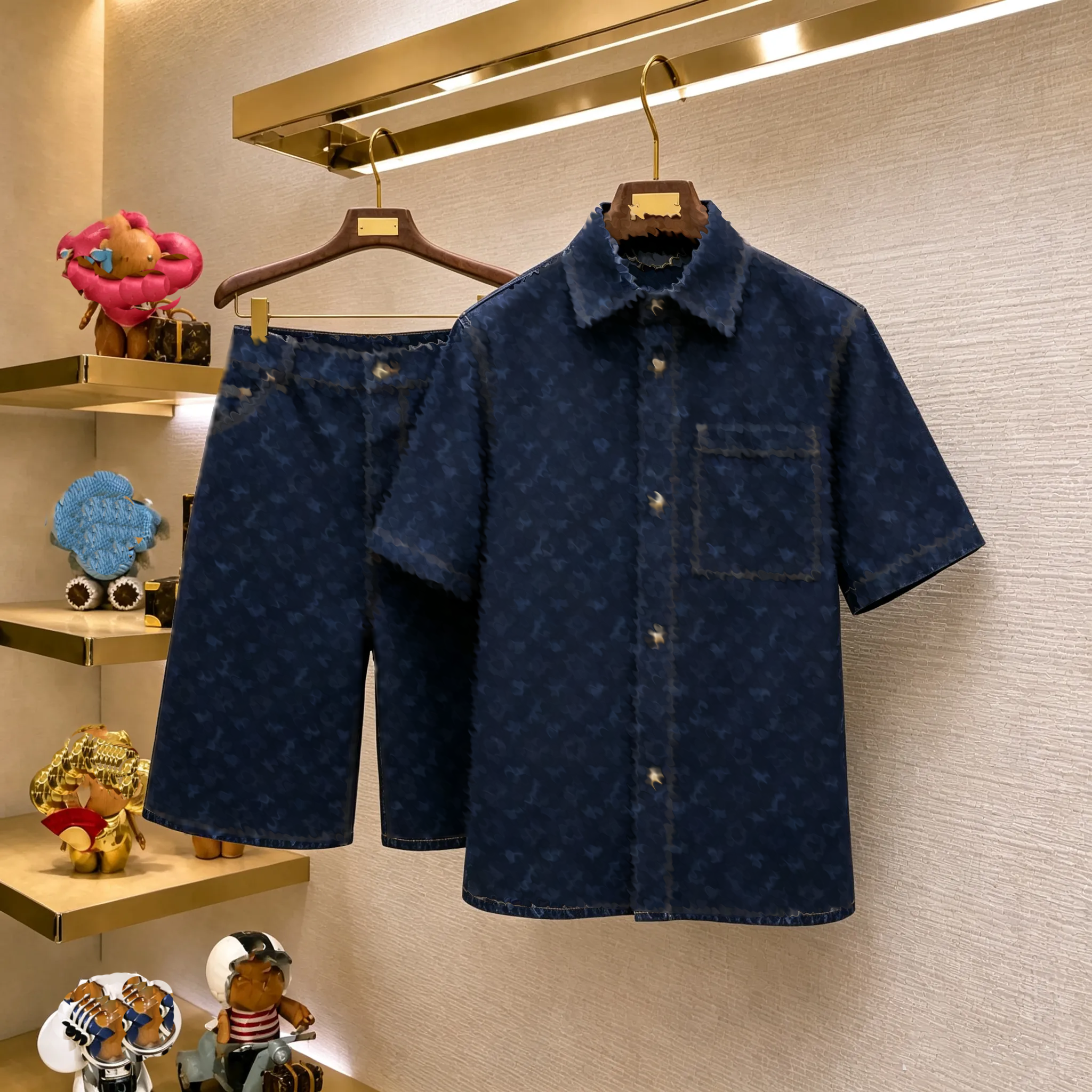 Designer brand clothing, high-quality men's jacket, retro geometric dark flower denim two-piece set, twill short sleeved shirt, loose five quar