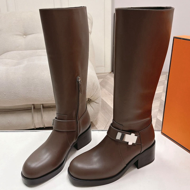 Nikita 55 Boot Designer Womens Dark Brown Matte Cowhide High Leg Knight Boots With Buckle Belt Loop Thick Square Heel Side Zipper Retro Commuting Bo