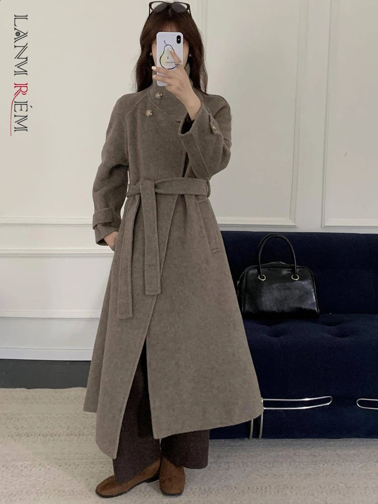 Lanmrem Fashion Double face manteau en laine Femmes Femmes Colliers Colliers avec un bureau de ceinture Dame Vêtements chauds Hiver 2Z2638 240830