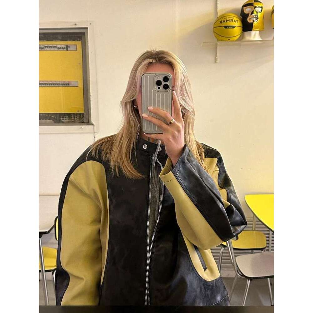 Bestseller Pu Color Blocked Pocket Button Women's Leather Jacket Casual Long Sleeved Zipper Retro Coats Ladies Fashion Motorcycle Jackets 8 Ddm