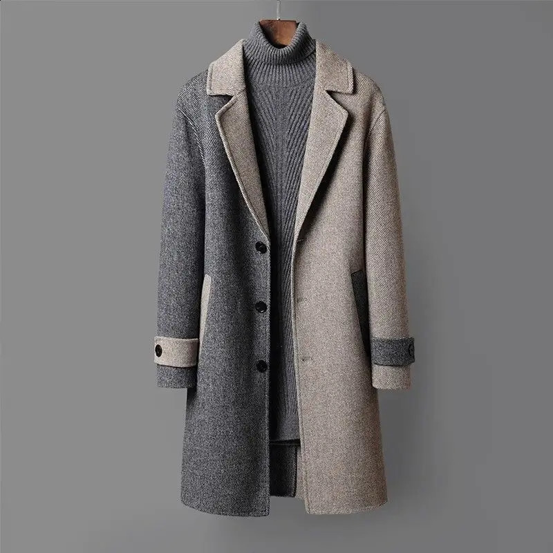 Explosive Autumn Winter Mens Mid-length Woolen Overcoat Youth Korean Version Loose Trench Coat Suit Collar Matching Color 240830