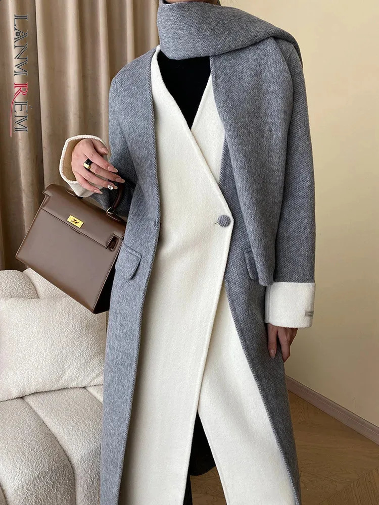 LANMREM Irregular Wool Coat Women Patchwork Mid Length Stitching Coats With Scarf Female Fashion Clothes Winter 2DA2314 240830