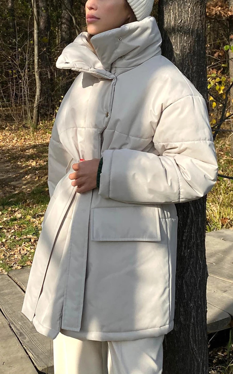 Suninbox Warm Womens Winter Parkas Oversize Straight Thick Button Casual Cotton Padded Coat Soft Beige Jacket with Belt 240830