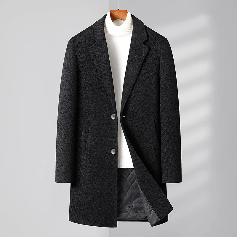 Winter Long Wool Trench Coat Male Quilted Lined Cashmere Woolen Jacket Mens Slim Fit Peacoat Overcoat Windbreaker 240830