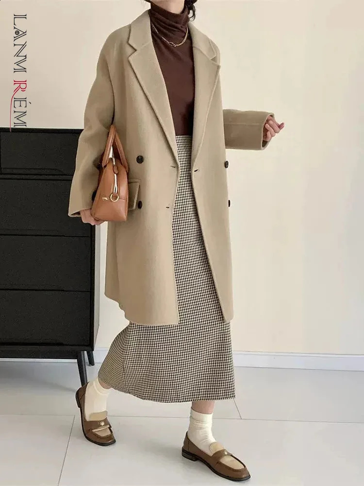 LANMREM Office Lady Double Sided Woolen Coat For Women Lapel Solid Color Mid Length Coats Winter Clothing 2Z2637 240830