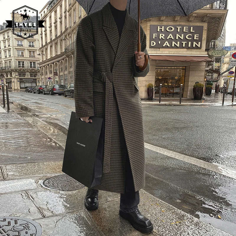 Mens Long Lattice Woolen Coat Korean Loose Fashion Harajuku Streetwear Windbreaker Male Casual Solid Color Lapel Overcoat Autumn 240830