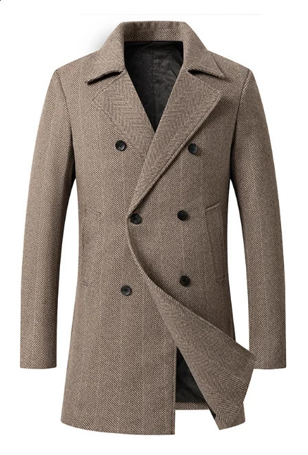 Autumn and winter mens wool coat European size medium long plaid double-breasted wool coat size 2XL 240830