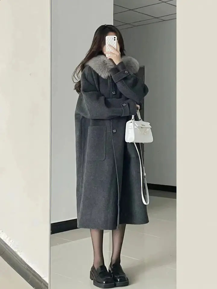 Sweet Grey Hooded Woolen Coat Womens Autumn and Winter Loose Medium Long Thick Woolen Coat Fashion Female Clothes 240830