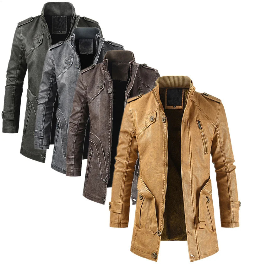 Winter Mens Thick Fleece Leather Motorcycle Jacket Coat Long Outwear Fashion Warm Casual Vintage Clothing for Men Biker Jaqueta 240830