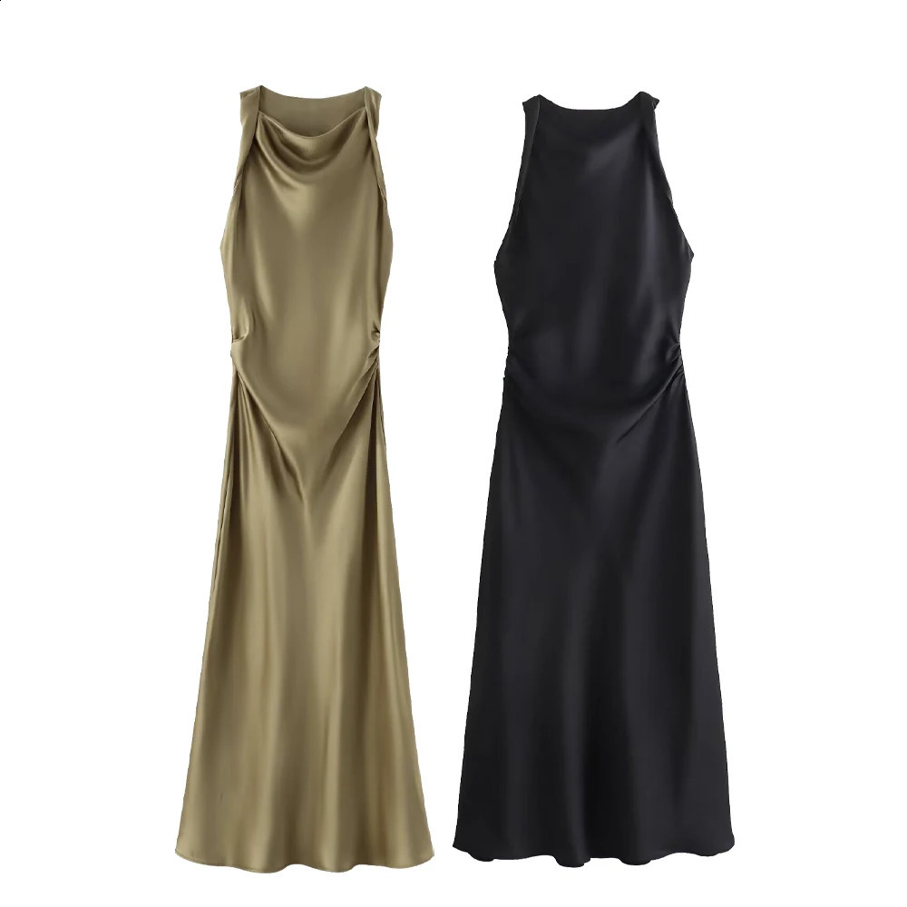 UNIZERA2024 Summer Womens Fashion Style Round Neck Sleeveless Silk Satin Texture Slim Fit Solid Color Midi Dress 240826Z