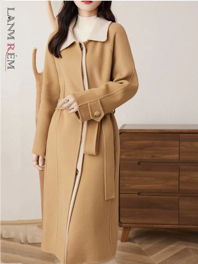 LANMREM Wool Double-sided Coat Women Patchwork Single Breasted Belt Woolen Coats Female Fashion Clothing Winter 2DA8012 240830
