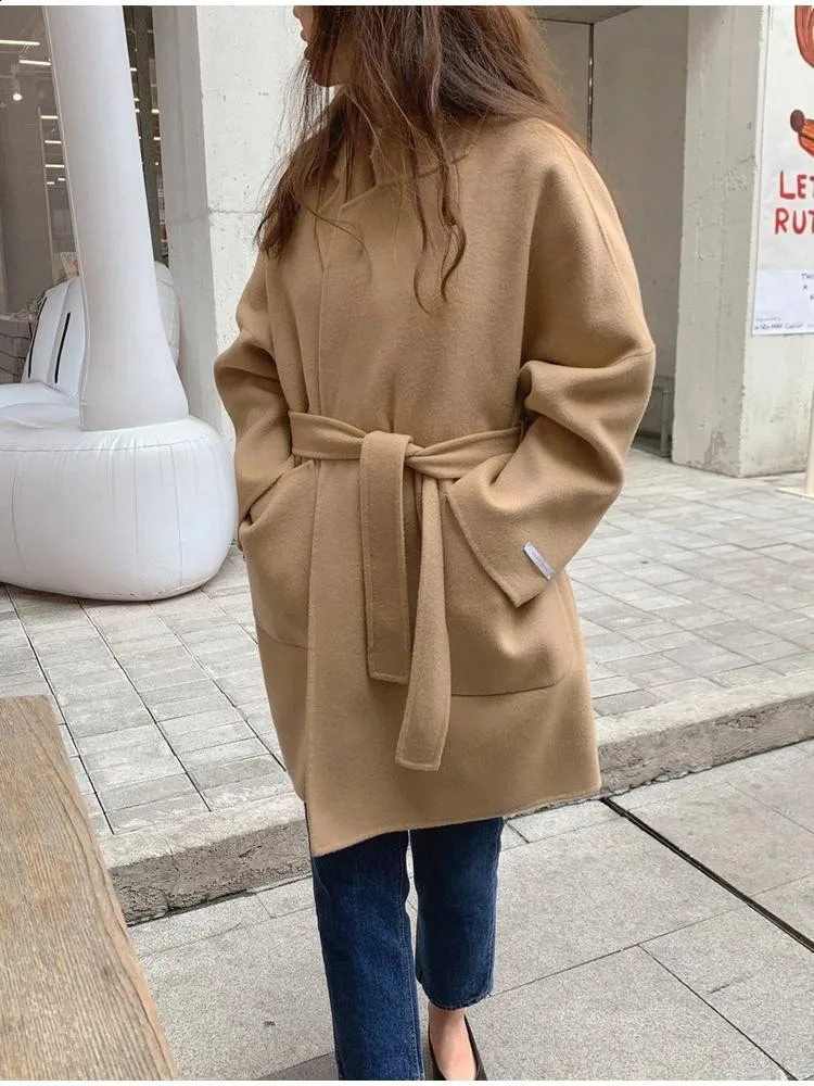 Winter Lapel Double-Sided Lace Up Black Long 100% Wool Coats Womens Korean Style Short Loose Fat Woolen Jackets 240830