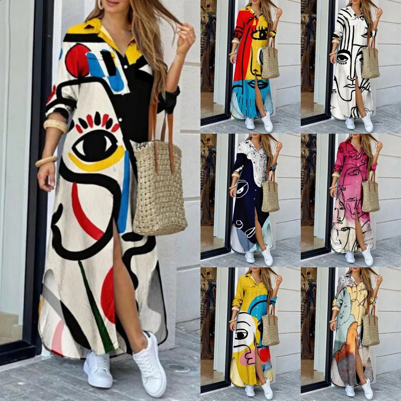 Boho Dress Single Breasted Button Irregular Long Dresses Women Sundress Sexy Turndown Collar Face Print Maxi Vestido 240826Z