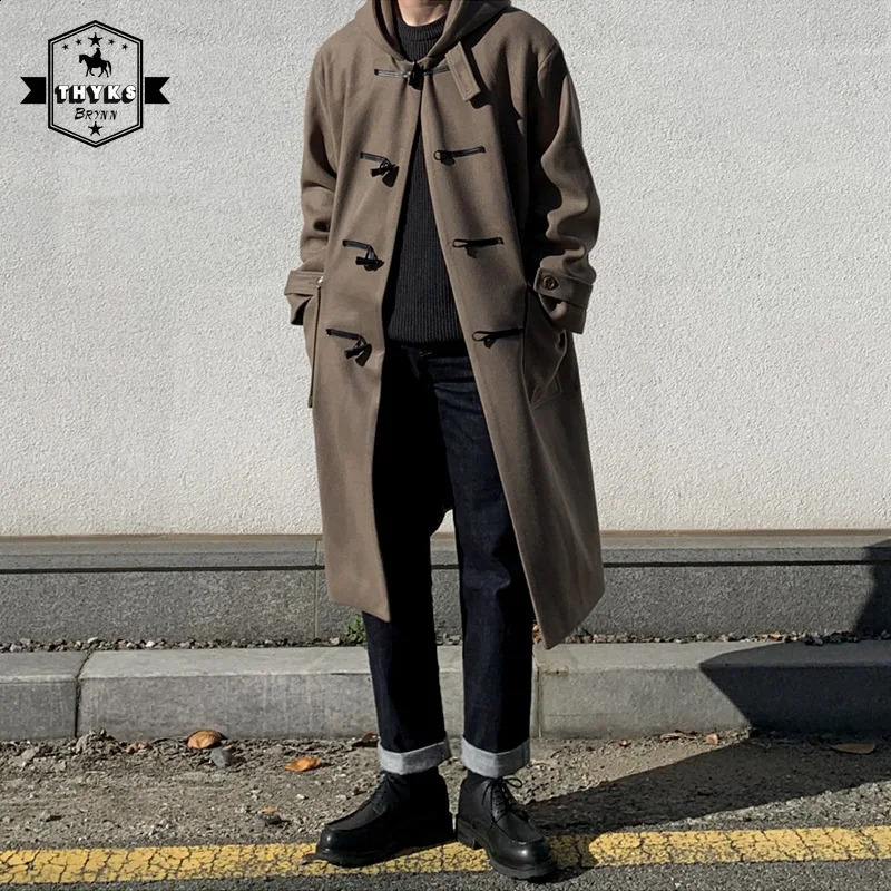 Mens Hooded Horn Button Woolen Overcoat Korean Loose Windproof Long Lapel Trench Coats Male Solid Casual Daily Woolen Coat 240830