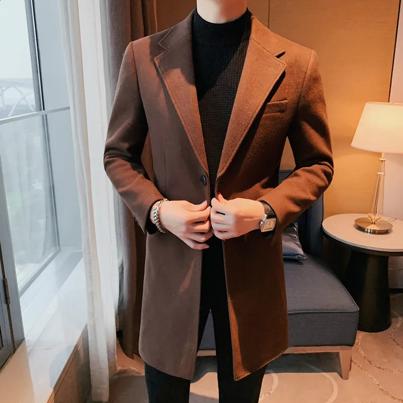 Suit Collar Medium - Length Woolen Coat/ High Quality Mens Autumn Winter Solid Color Slim Fit Business Casual Warm Overcoat 240830