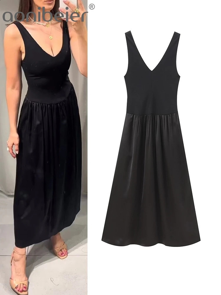 Aonibeier Elegant Black Satin Patchwork Women Sleeveless Dress Traf Summer Mid Waist Deep V Neck Slim Robe Maxi Long Y2K 240826Z