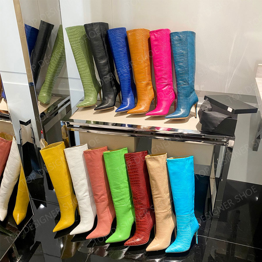 High quality Coloured Alligator print Knee Boots long boots Green rose yellow Blue apricot stiletto High heels knight boots Luxury designer tall boo
