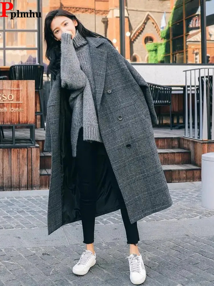 Black Plaid Thick Warm Elegant Wool Blend Solid Chaquetas Woolen Temperament Fall Winter Overcoat Coats High-grade Jaquetas 240830