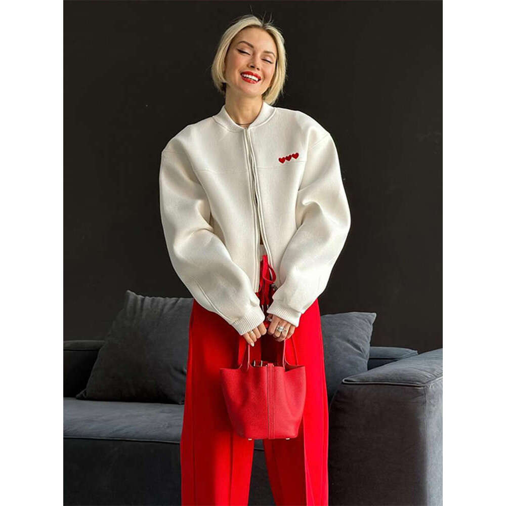 Bestseller Love Print Solid Color Bomber Jacket For Women O-Neck Zipper Long Sleeved Loose Coats Casual High Street Ladies Daily Outerwear 8 Ddmy