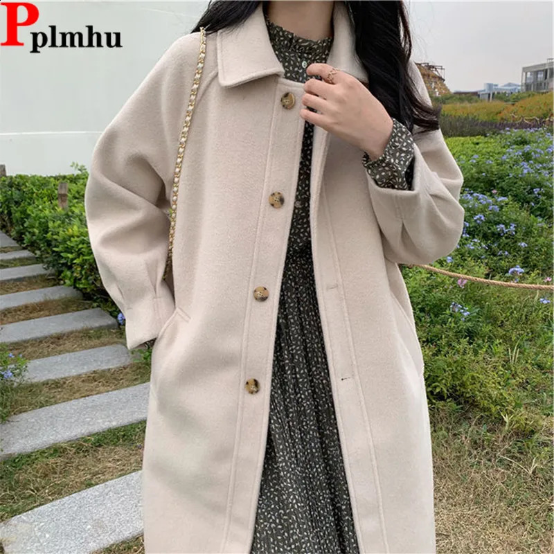 Winter Mid Length Woolen Coats Tops Loose Korean Unlined Outerwears Elegant Wool Blend Jackets Single Breasted Beige Abrigos 240830