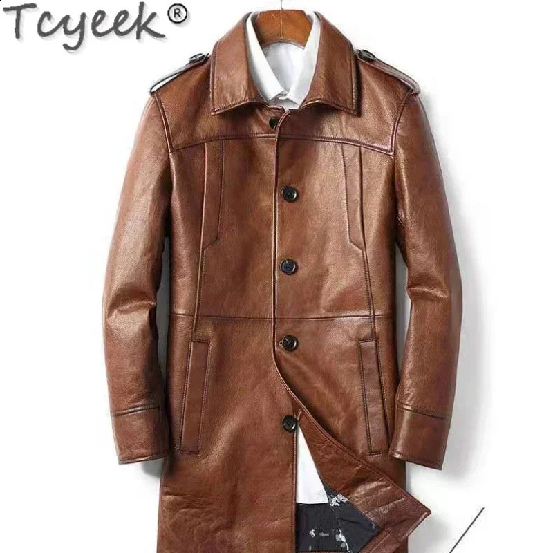 Tcyeek Autumn Winter Genuine Leather Jacket Mens Oil Wax Sheepskin Mid-length Windbreaker Casual Leather Coat Chaquetas Hombre 240830