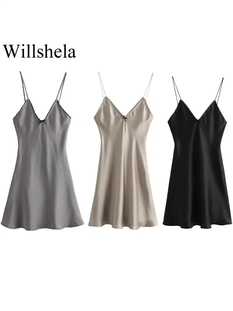 Willshela Women Fashion Satin Solid Backless Zipper Mini Dress Vintage Thin Straps VNeck Female Chic Lady Dresses 240826Z