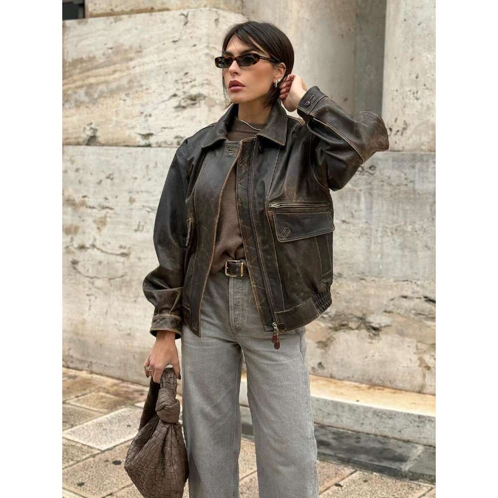 Best-seller Vintage décoloration à manches longues Bomber vestes revers fermeture éclair poche femmes vêtements d'extérieur décontracté automne d