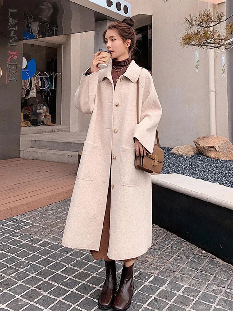 LANMREM Fashion Woolen Coat For Women Lapel Single Breasted Solid Color Back Split Coats Autumn Clothing 2Z2531 240830