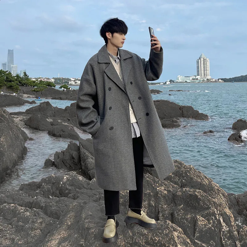 Long Dust Coat Men Winter Korean-style Trench Mens Solid Double Breasted Woolen Cloth Coat Loose Casual Trenchcoat Outwear 240830