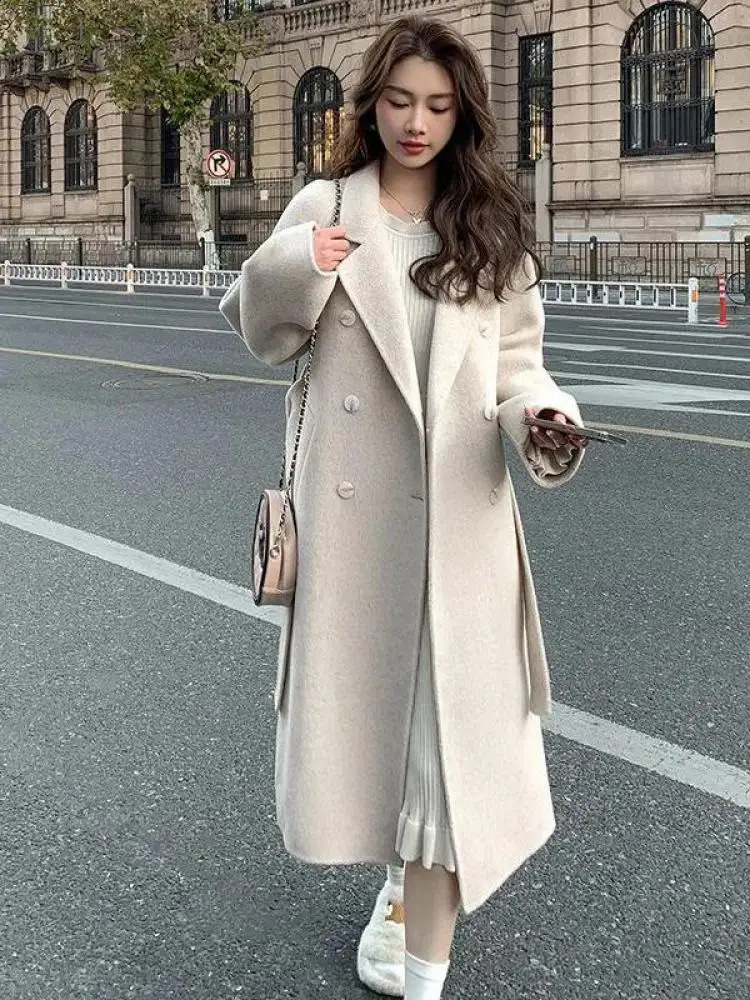 Women Solid Lace Up Long Woolen Coat Korean Loose Fashion Double-breasted Lapel Female Autumn Winter Warm Lady Overcoats 240830